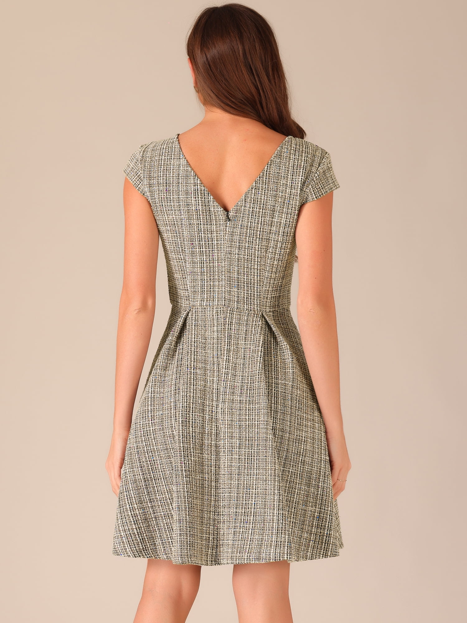 DARING DIVA Women's Tweed Cap Sleeve A Line Vintage Pleated Dresses M Black Brown