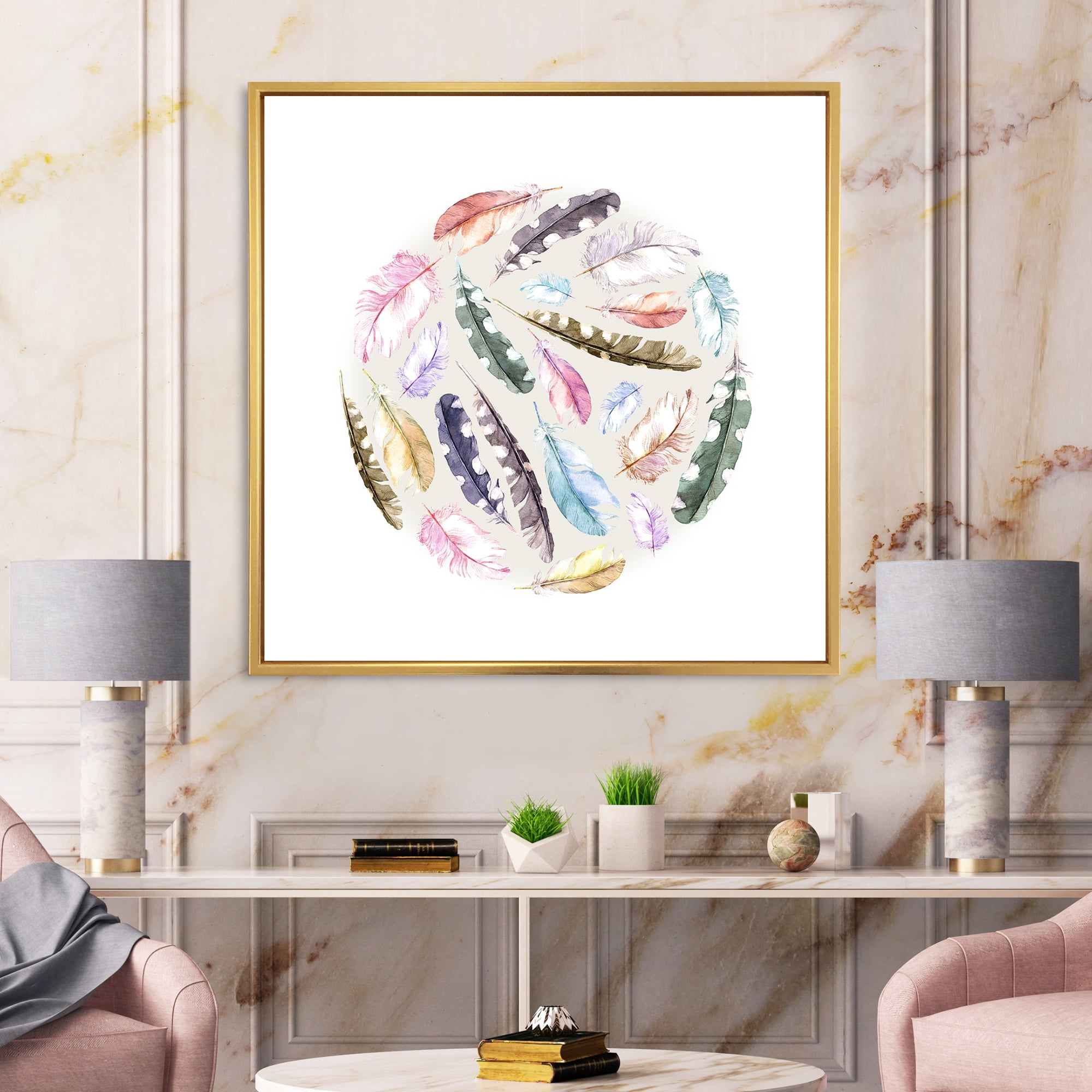 Ancient Bird Feathers In Circle 16 in x 16 in Framed Painting Canvas Art Print, by Designart