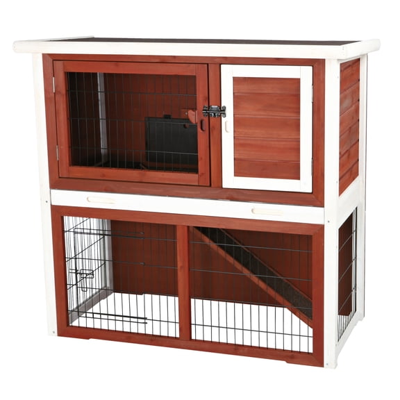 TRIXIE Weatherproof Outdoor 2-Story Wooden Small Animal Hutch with Run & Pull Tray, Auburn