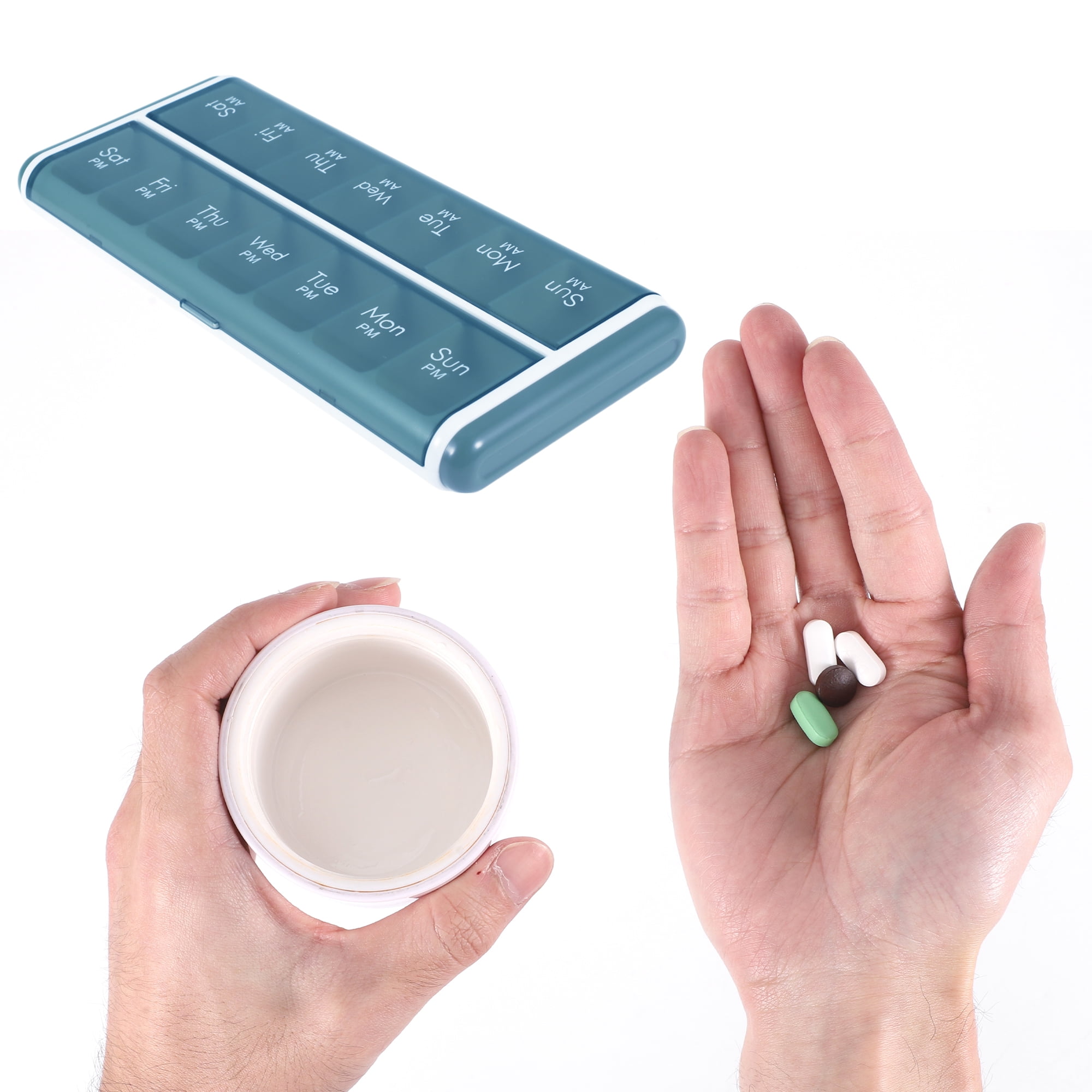 Unique Bargains 14 Grids Double Row Pill Case for Travel 1 Pc Blue