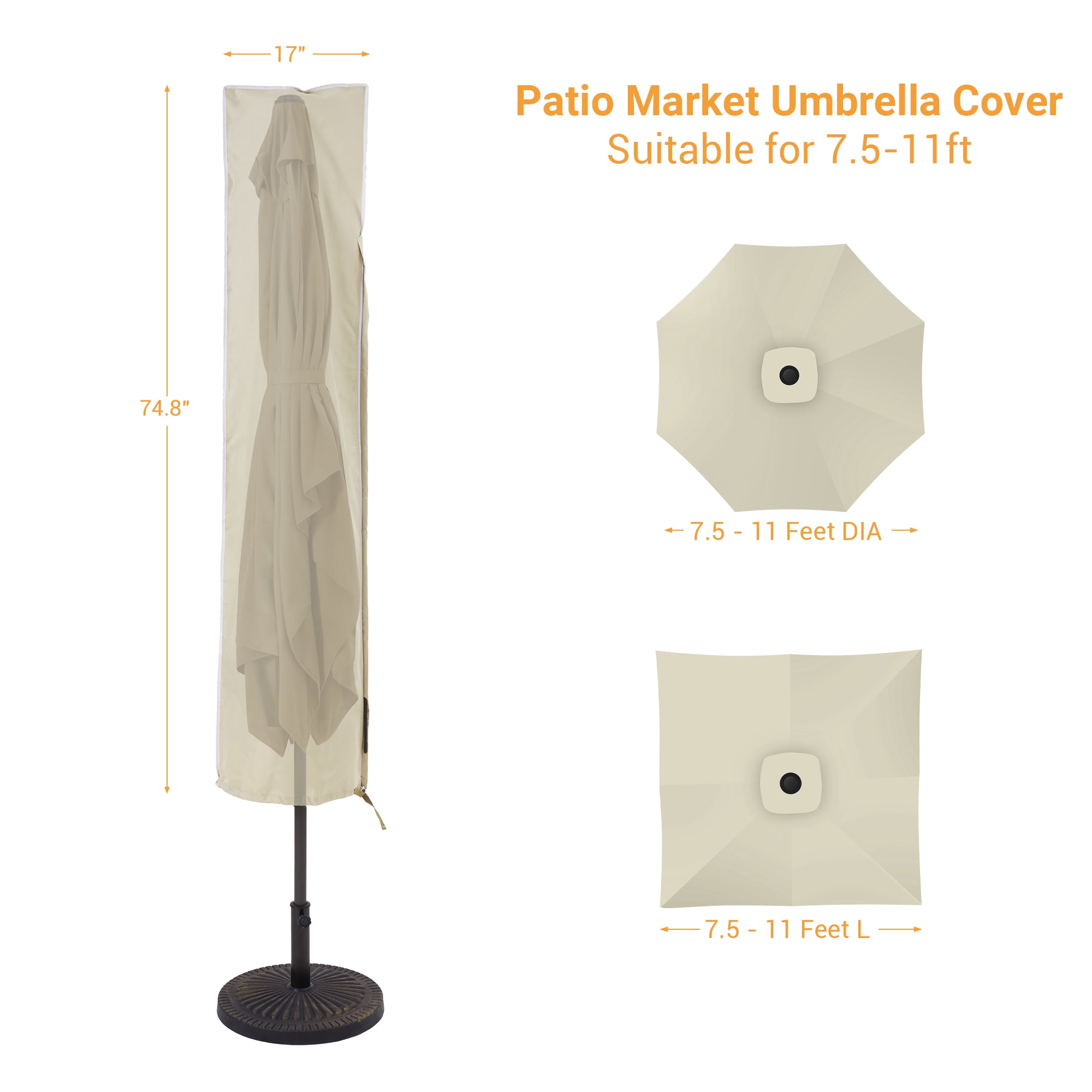 ACEGOSES Patio Market Table Umbrella Covers Zippered Waterproof Outdoor Parasol Deck Umbrella Cover, Fit for 7.5–11 Feet,KhaKi