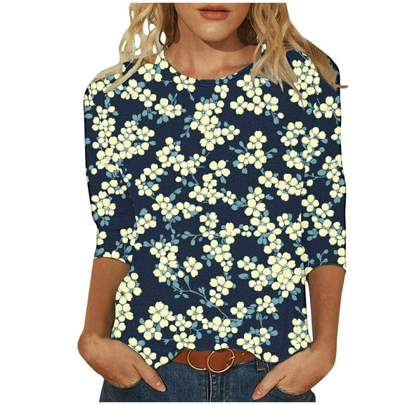Plus Size Tshirt Womens Floral 3/4 Length Sleeve Tops Crewneck Casual Tunic Basic Trendy Tee Shirts