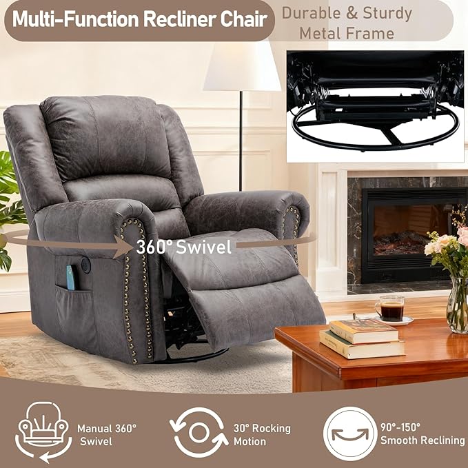 EPICOZY Manual Massage Swivel Rocker Recliner with Heat and Vibration, 360° Swivel Glider Rocking Recliner Chair, Classic Living Room Lounge Recliners with Side Pockets & USB Ports, Dark Gray