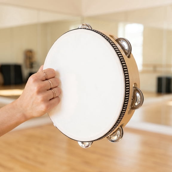 8 Inch Wooden Tambourine with Metal Jingles - Single Row Hand Held Percussion Drum Bell for Church, Band, Party, KTV & Music Performance