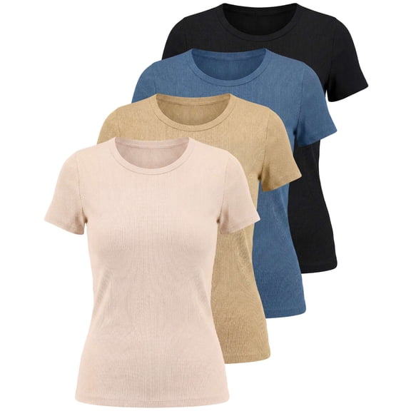 Real Essentials 4 Pack: Women's Ribbed Knit Short Sleeve Crew Neck T-Shirt (Available in Plus)