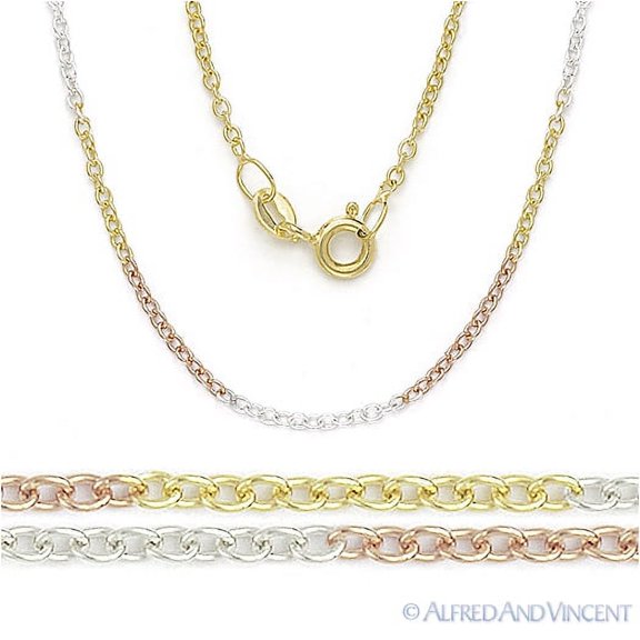 1.4mm Rolo Cable Link Italian Chain Necklace in Tri-Tone .925 Sterling Silver w/ 14k Gold & Rhodium