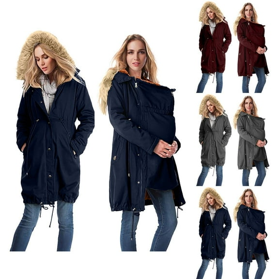 Womens Maternity Puffer Jacket Winter Long Hooded Parka With Pockets Warm Coat