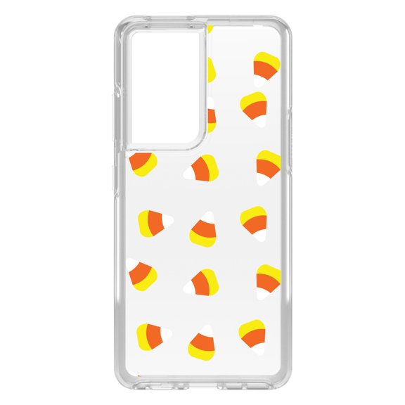 DistinctInk Clear Shockproof Hybrid Case for Galaxy S21 ULTRA 5G (6.8" Screen) - TPU Bumper, Acrylic Back, Tempered Glass Screen Protector - Repeating Candy Corn