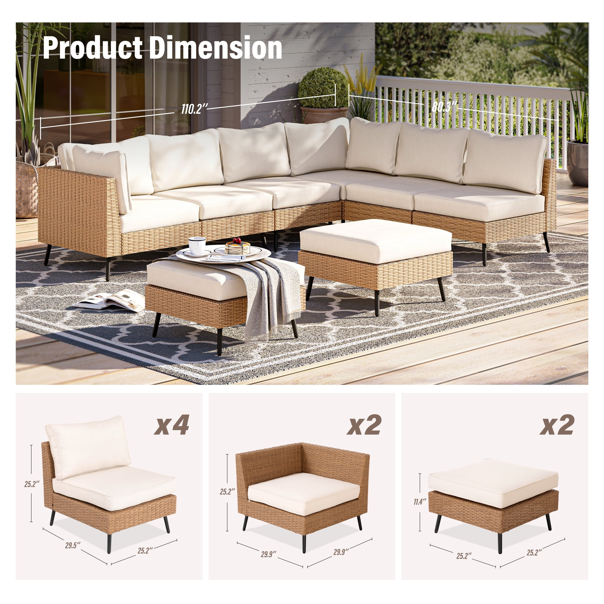 LAUSAINT HOME 8 Pieces Outdoor Furniture Set, Patio Rattan Wicker Sectionals with 6 Chairs and 2 Ottomans, Beige Cushions