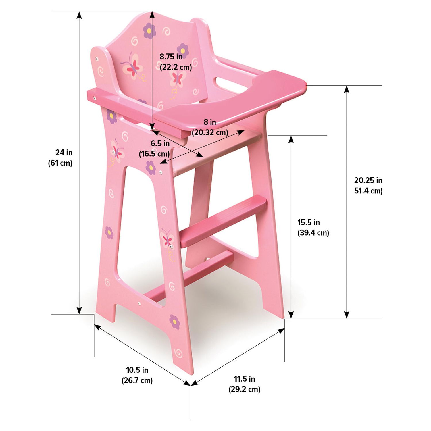 Badger Basket Blossoms and Butterflies Doll High Chair Feeding Seat for 18 inch Dolls - Pink - image 5 of 9