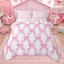 Manfei Girly Pink Ribbon Full Size Comforter Sets for Kids, Watercolor Cartoon Bow-tie Bedding Comforter Set, Princess Bowknot Style Reversible Bedding Sets, Luxury Bedroom Decor, 3pcs