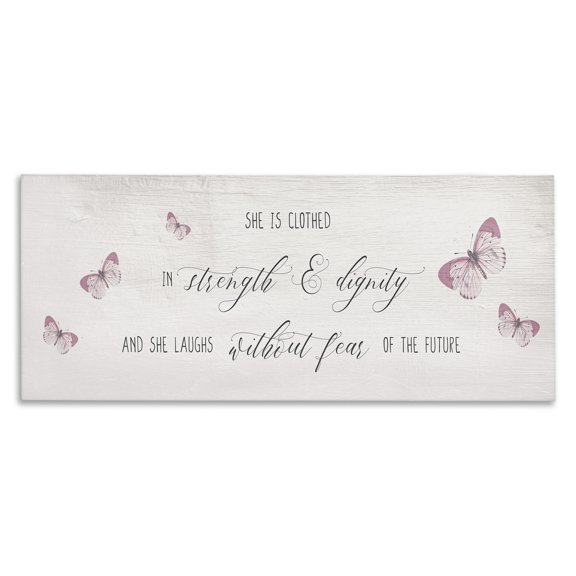 Stupell Industries Cottage Clothed in Strength and Dignity Phrase Pink Butterflies Canvas Art, 30 x 13, by Lil' Rue