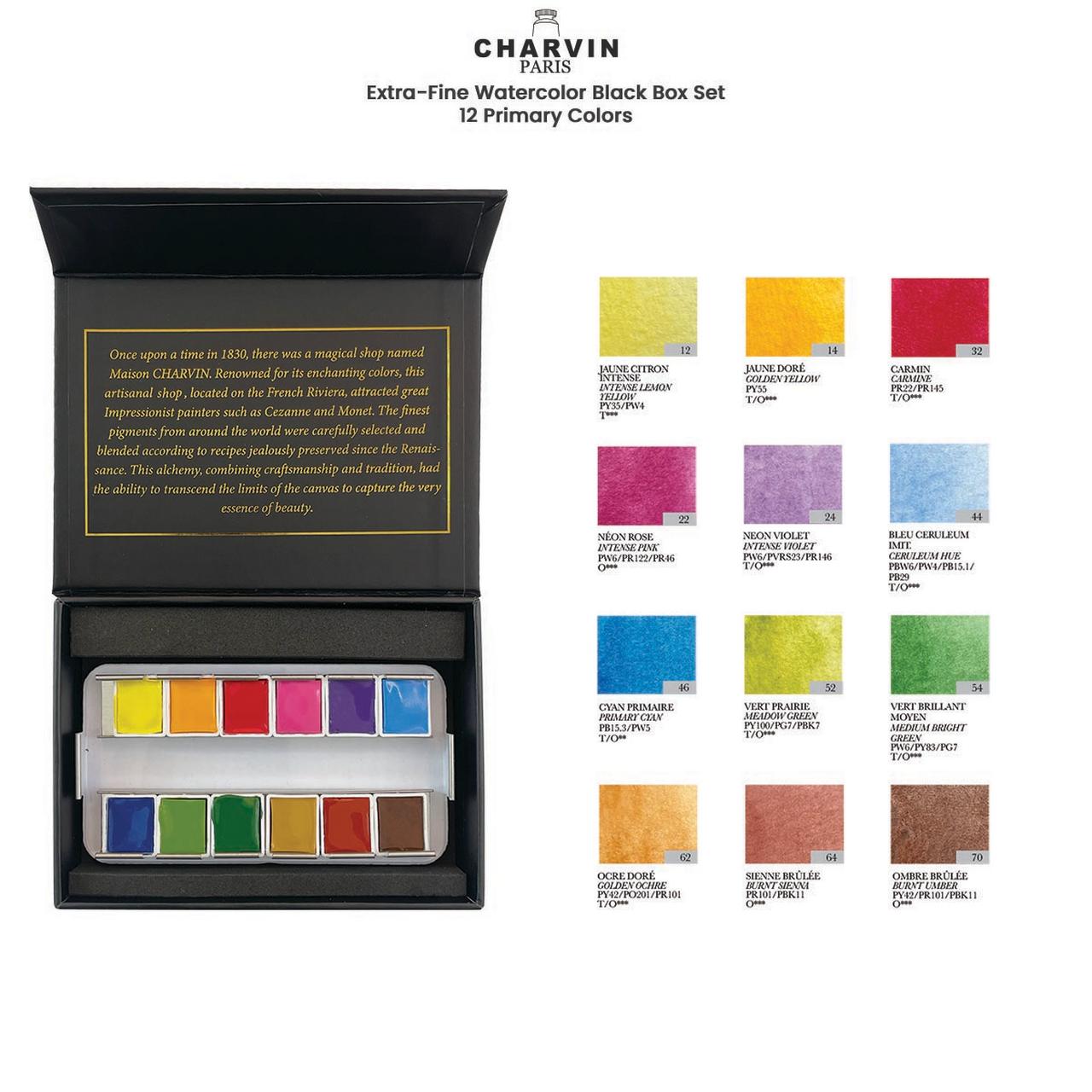 Charvin Extra-Fine Watercolor Pan Set, Primary  - Handmade Box Set of 12 Half-Pans - Professional Watercolor Paint Set, Made in France, Smooth Shellac-Like Finish, Glossy & Highly Transparent Pigment