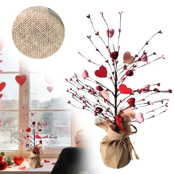 Hgoty Arbre de la Saint-Valentin aux Baies Rouges de 18 Pouces avec Base en Toile de Jute - Décoration de Table Rustique pour Manteau, Salle à Manger et Centres de Table de Mariage