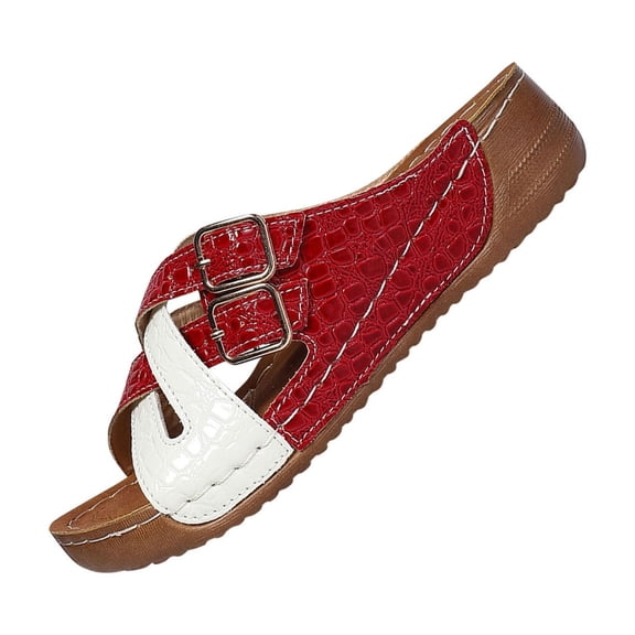 ShiShine Womens Slide Sandals Criss Cross Strap Dual Buckle Accent Embossed Metallic Upper Open Toe Sandals