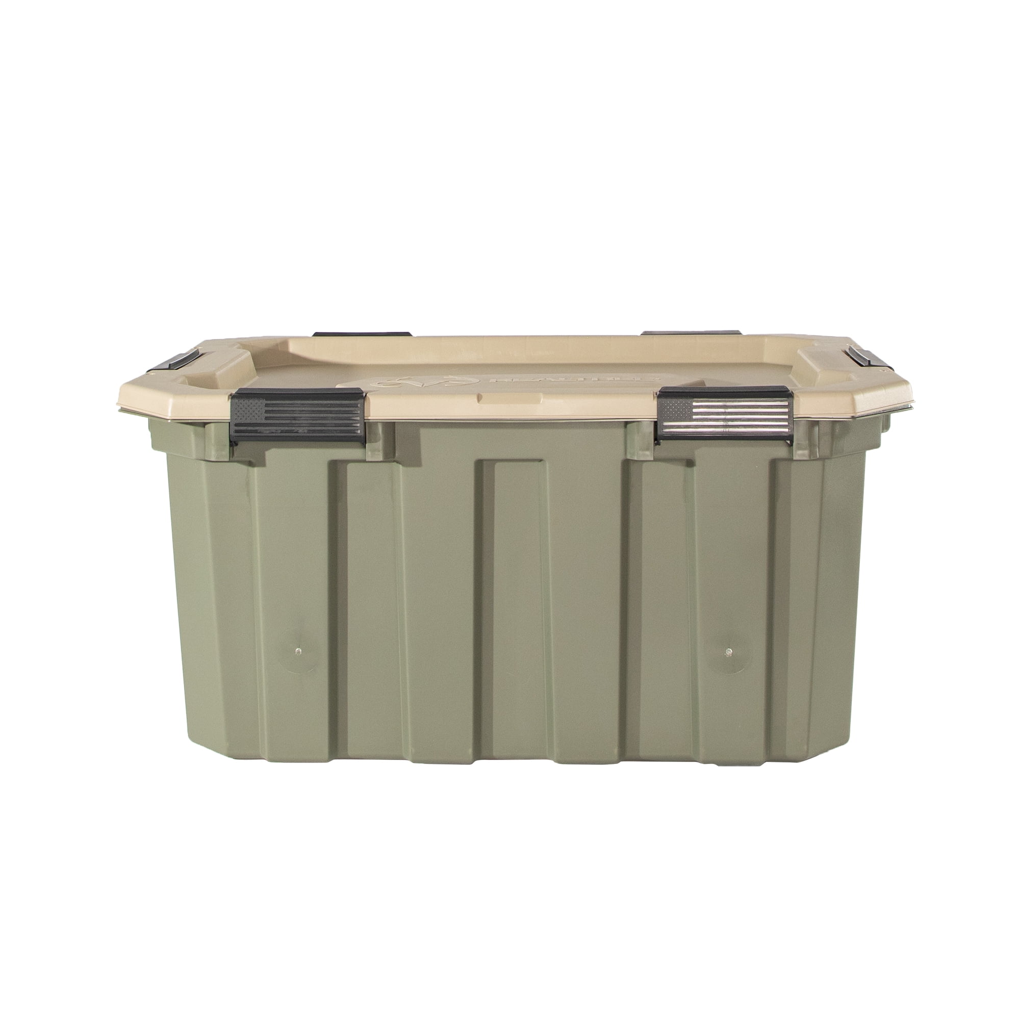 Realtree® WEATHERMAX™ 24 Gallon Green and Tan Storage Tote with Latching Lid, Heavy Duty Plastic Storage Bin, Pack of 2