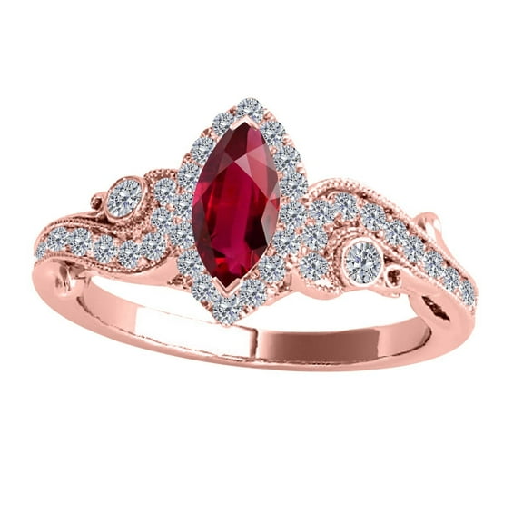 Mauli Jewels Marquise Shape Ruby Gemstone Engagement Rings for Women, 3/4 Carat Diamond, 14K Solid Rose Gold Wedding Rings, Gifts for Her