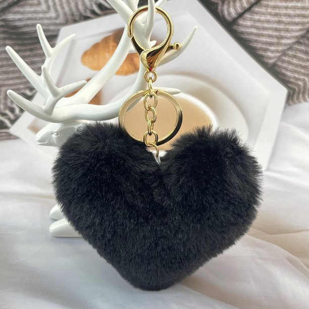 Nvzi Llavero de peluche con forma de corazón - 1 llavero pequeño, anilla de acero inoxidable, llavero de uso diario de 6 × 3,54 pulgadas, poliéster suave, adecuado para llavero de coche, negro