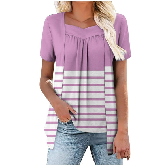 Women's Summer Casual Tops V Neck Striped Short Sleeve Shirts 2 in 1 Style Pullover Fashion Loose Basic Blouses (XL, Pink)