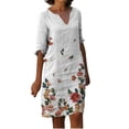 thumbnail image 1 of Vestidos de manga 3/4 para mujer Vestido de tirantes con estampado de flores a la moda Vestido con cuello en V hasta la rodilla Pompotops  hdfakjf6083, 1 of 5