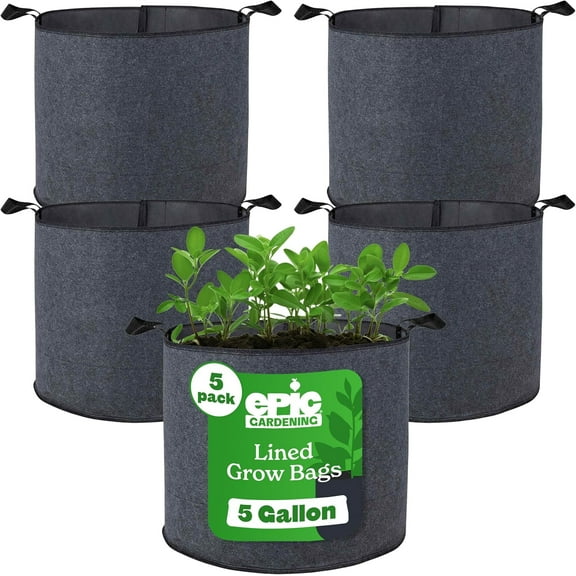 Epic Gardening 5 Pack 5 Gallon Grow Bags with Handles (Lined), Heavy Duty Fabric Pots, Breathable Cloth Planters for Indoor & Outdoor Gardening