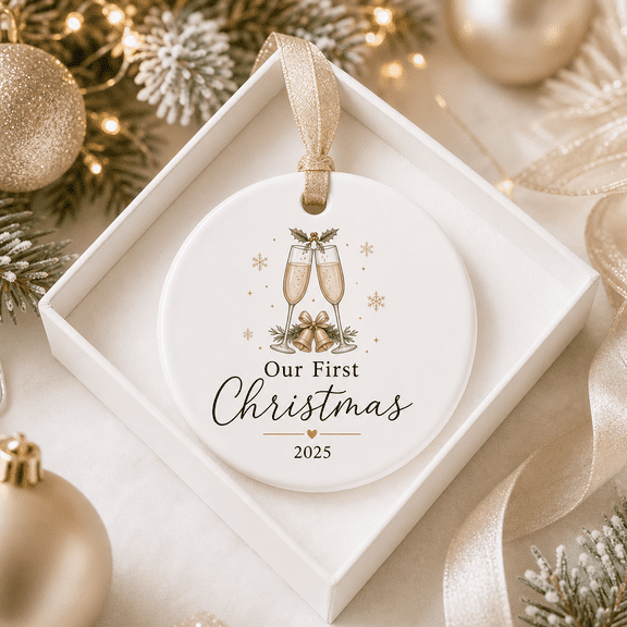 Christmas Ornament Champagne Wedding Bells Round Hanging for Newlywed Couple