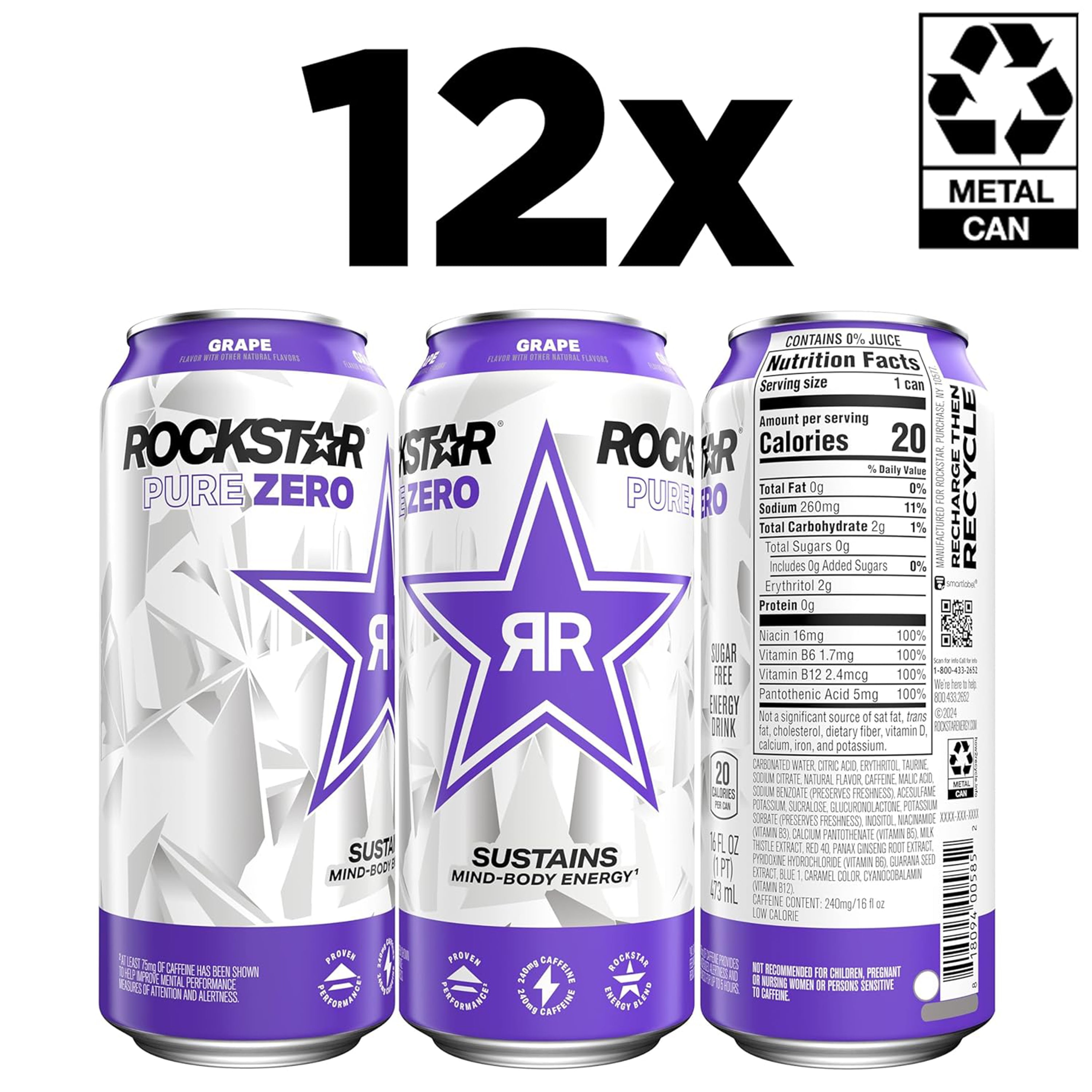 Rockstar, Energy Drink, 16 fl oz, Silver Ice pack of 12 - Walmart.com