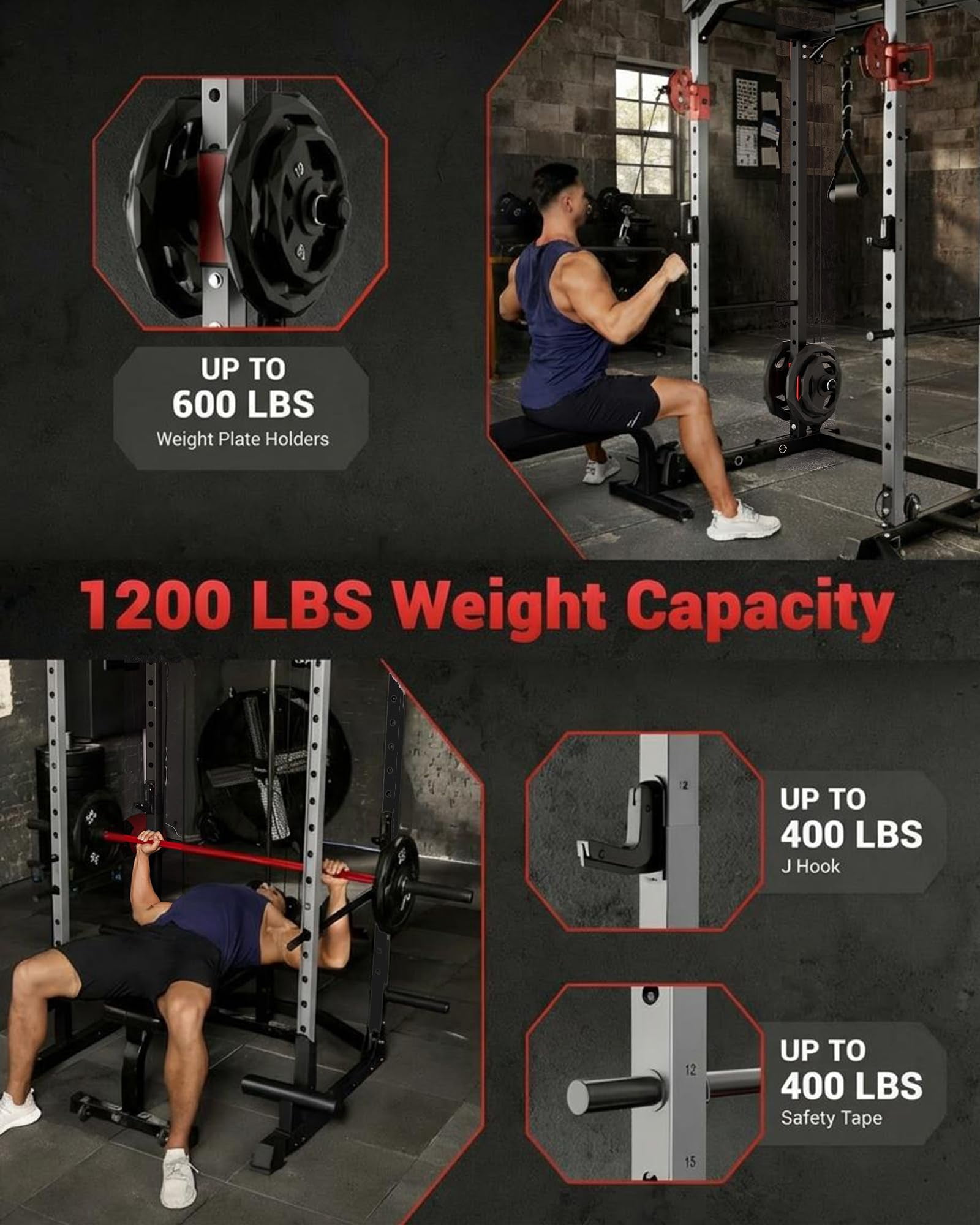 Memoryfield Multi-Functional Fitness Power Cage, 1200LBS Squat Rack with Dual Pulley for Complete Home Strength Workout, Red