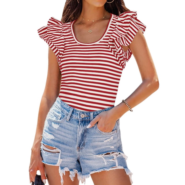 Shorts pour Femmes, Vestes pour Femmes Mode, Mode Femmes Rayures à Volants Décontracté Auto-Cultivation Manches Courtes Col Rond Haut