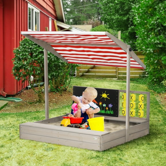 Outsunny Kids Sandbox with Canopy Adjustable, Wooden Sandbox Backyard Toy