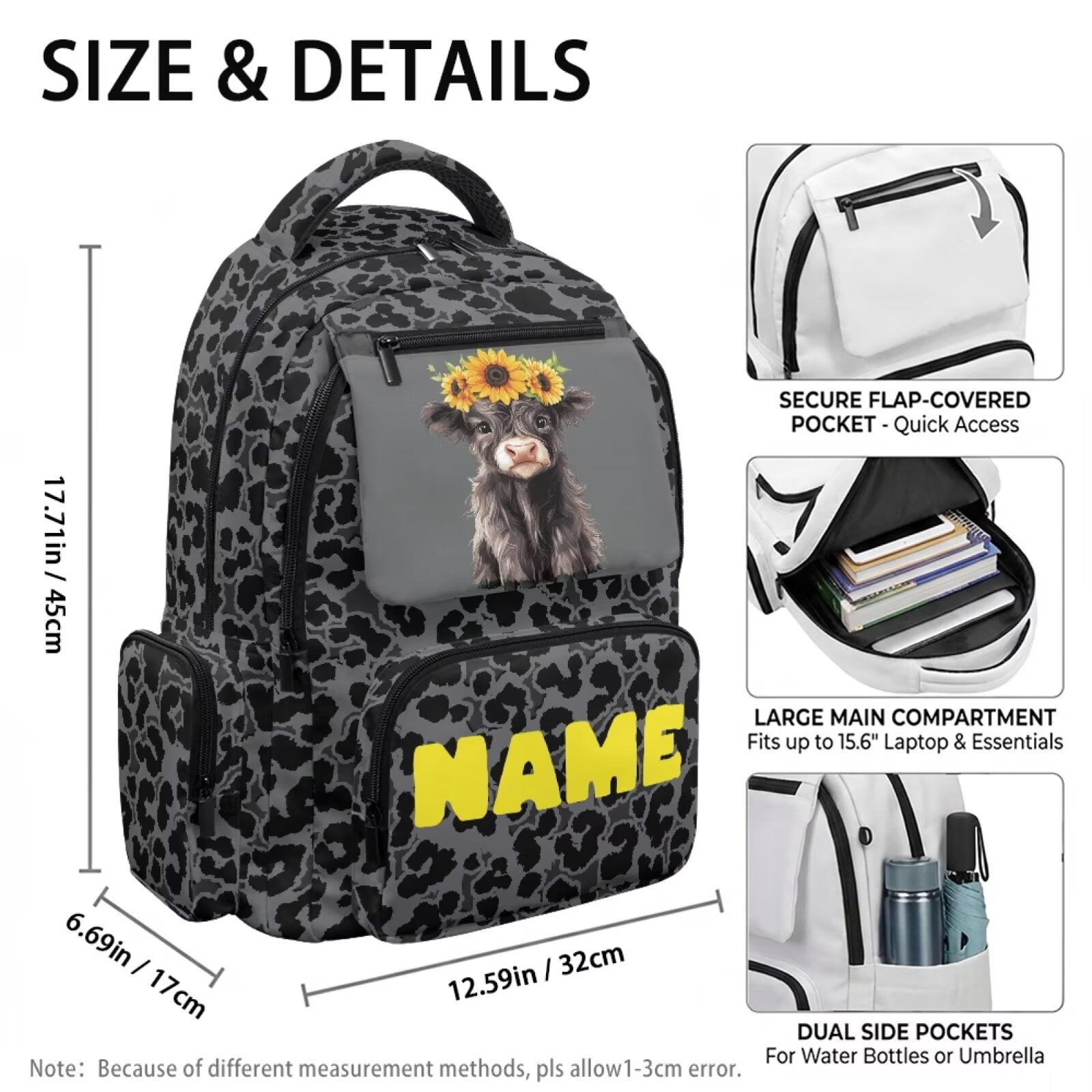 Chririnla Highland Cow Sunflower,Custom Name Print 17 Inch Backpack for Girls Boys Casual Laptop Bags Large Capacity Bookbag for Primary, Middle High Senior School