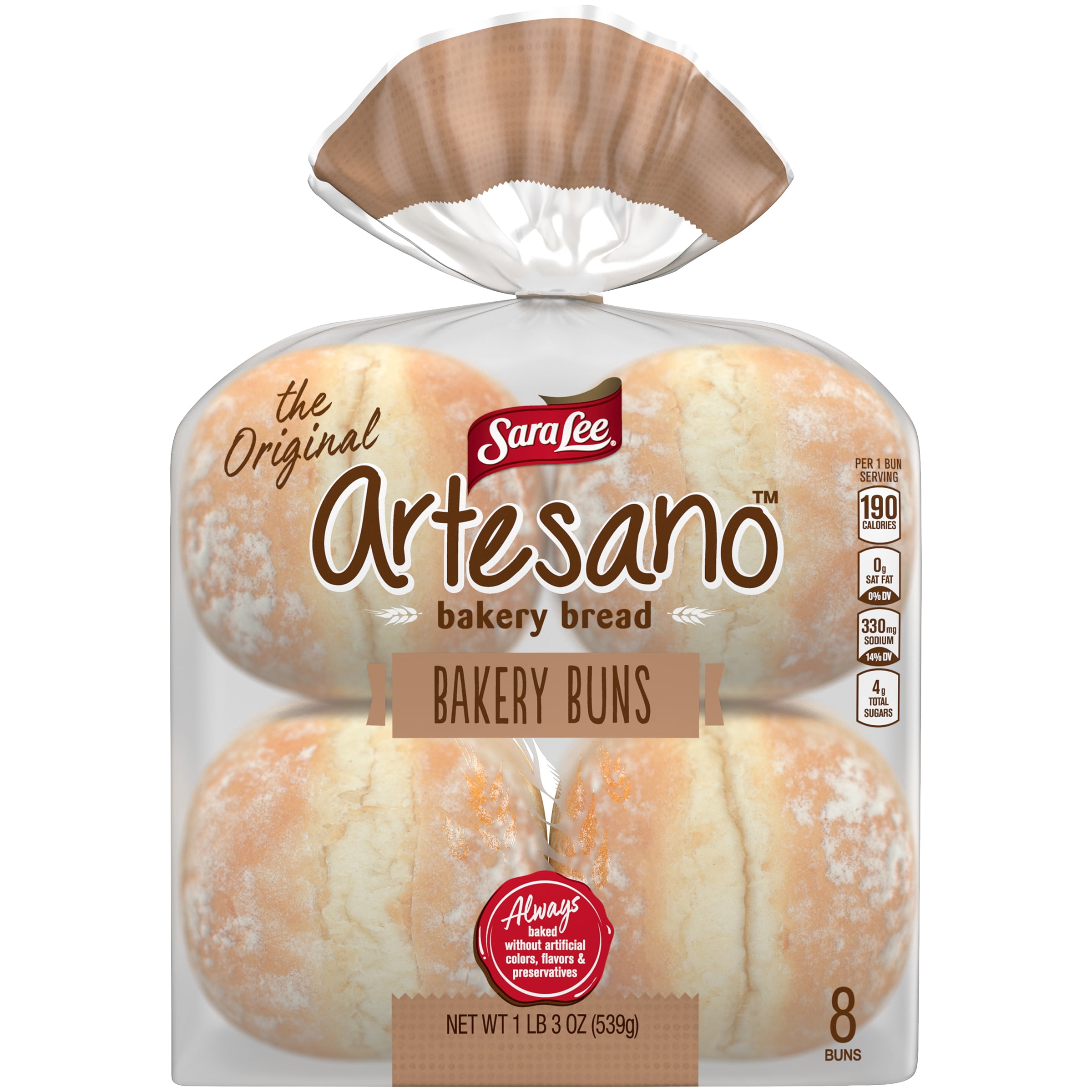 Sara Lee Artesano Bakery Buns, No High Fructose Corn Syrup, 8 Buns, 19 Ounce Pack