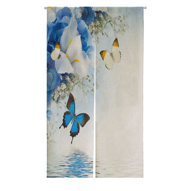 Cortina Japonesa Noren ABPHQTO Flores Mariposa Azul Hortensias Iris Blancos 85x120 cm