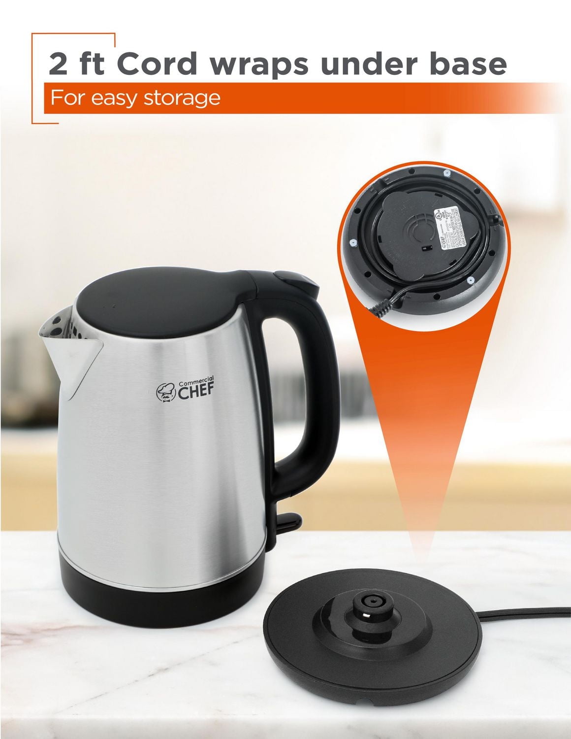 COMMERCIAL CHEF 1.7L Cordless Stainless Steel Kettle