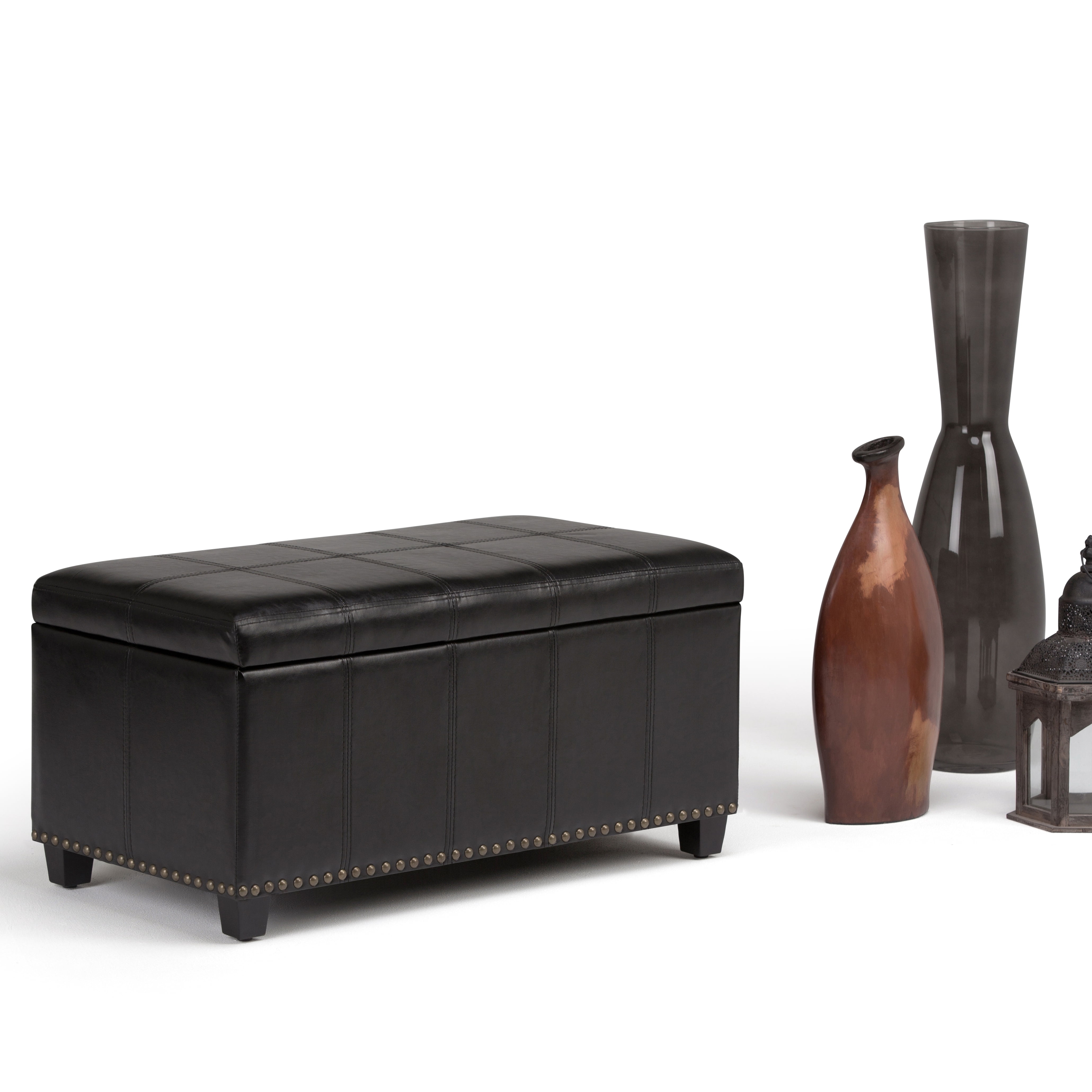 Amelia 33 inch Wide Storage Ottoman Bench in Midnight Black Vegan Leather