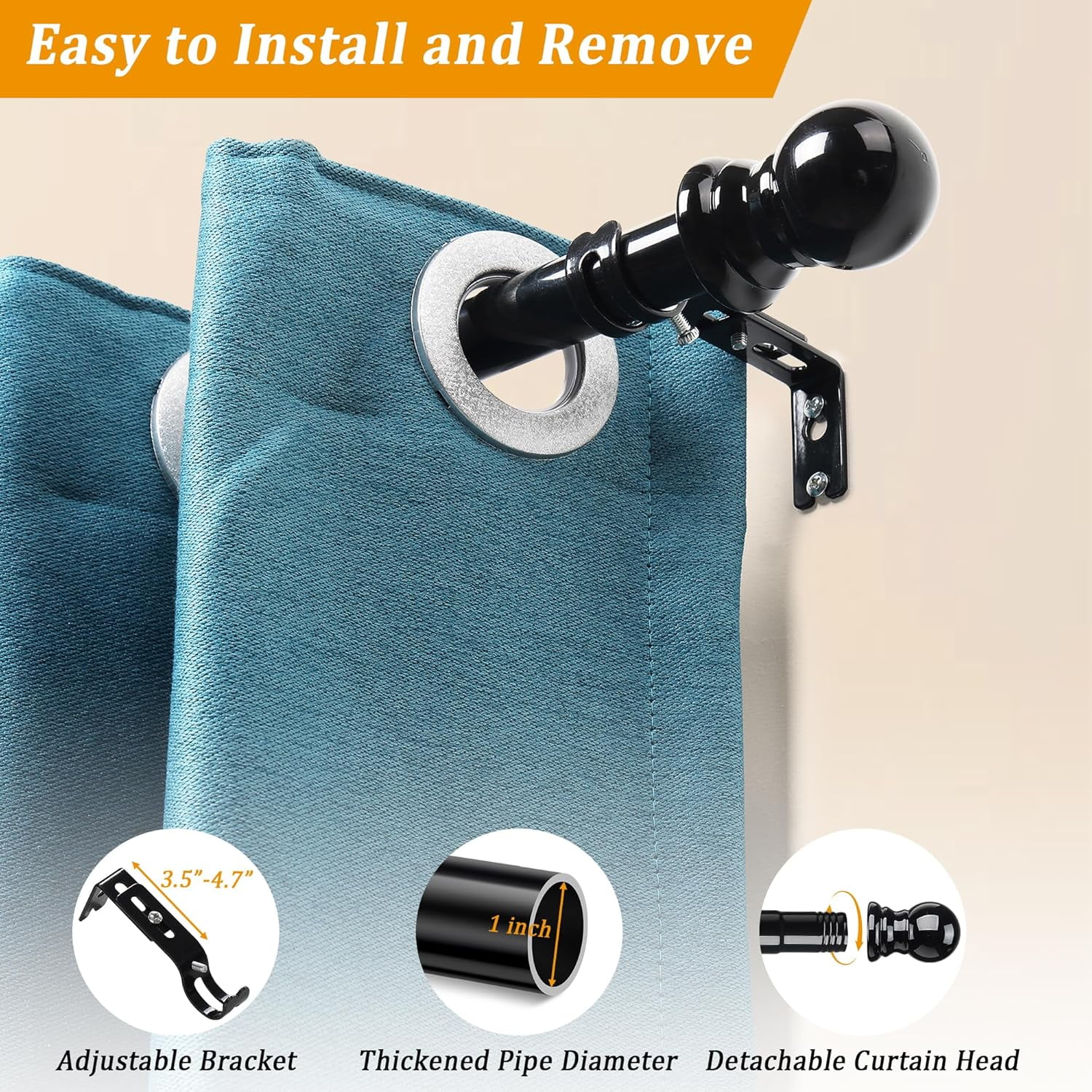 Bay Window Curtain Rods, L Shape Heavy Duty Curved Curtain Rods for Bay Windows with Brackets, 59-184" Adjustable for Bedroom, Living Room, Dinging Room, Black
