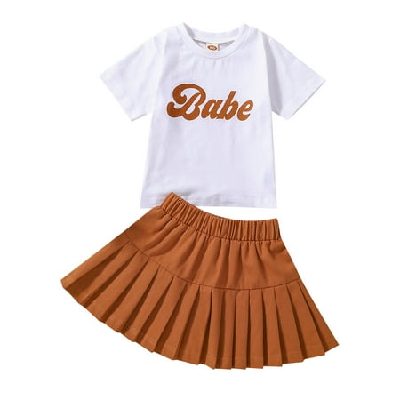 

Bagilaanoe Toddler Baby Girl 2Pcs Summer Outfits White Babe Letter Short Sleeve T-shirt Tops Pleated A-Line Skirt