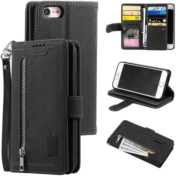Wallet Case for iPhone 6 Plus iPhone 6S Plus, Retro 9 Card Slots Zipper Pocket Handbag Case PU Leather Magnetic Closure Kickstand with Wrist Strap TPU Flip Case - Black