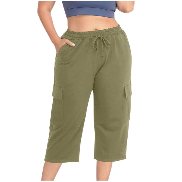 aidice Plus Size Capris Pants for Women High Waisted Elastic Drawstring Straight Leg Workout Running Cropped Pant with Pockets