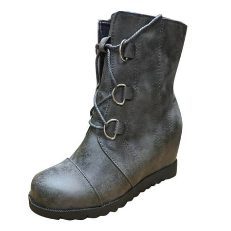 

BELLZELY Womens Shoes Wide Width Clearance Womens Fashion Splicing Slope Heel Boots Bandage Round Toe High Heeled Boots Shoes