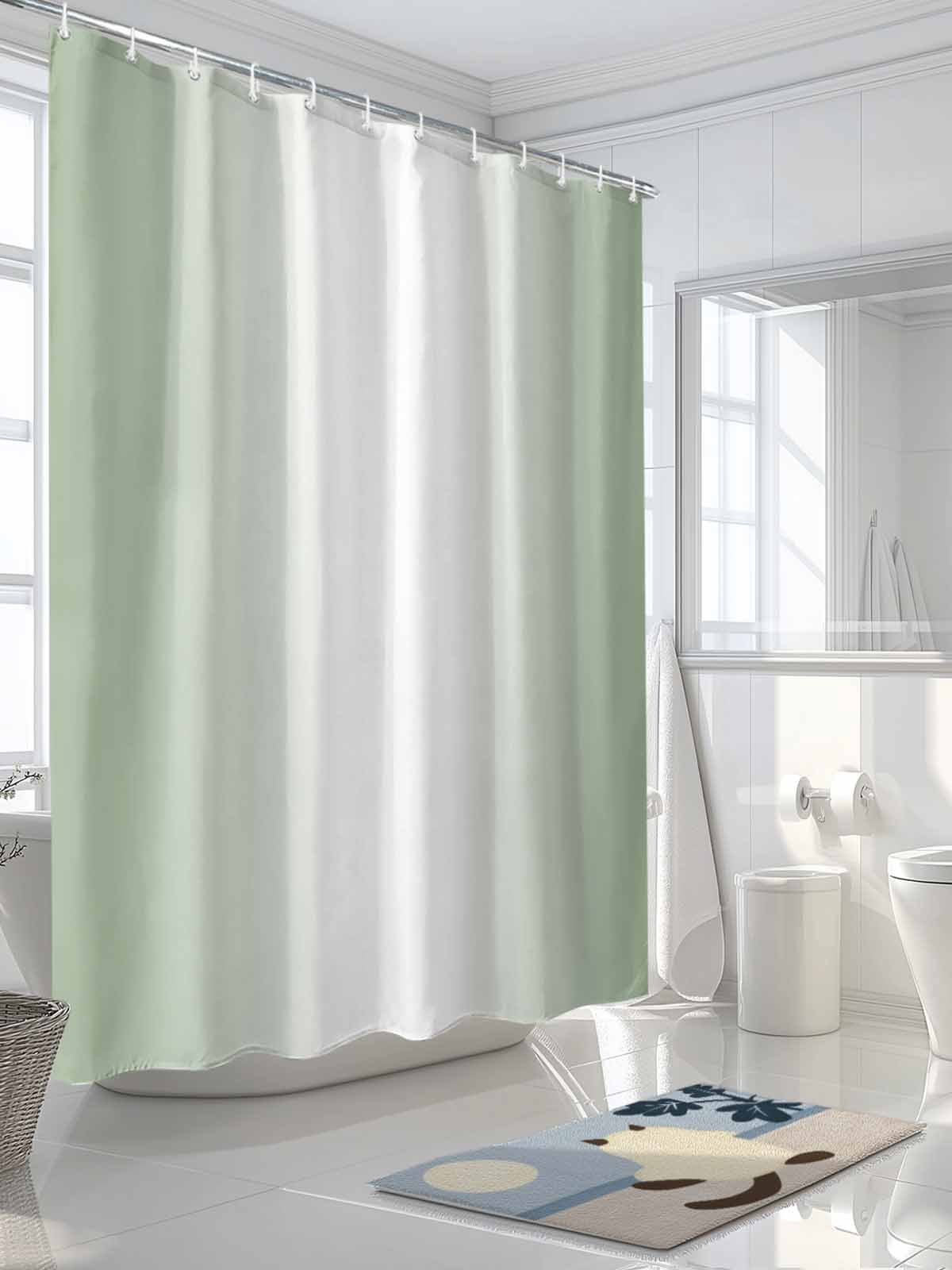 Boanket Polyester Fabric Sage Green Ombre Shower Curtain, Sage Green White Gradient Modern Waterproof Bathtub Curtain Bathroom Decor Set with Hooks 72 x 78 Inches,
