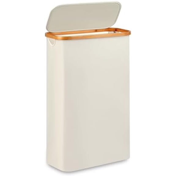 Slim Laundry Hamper,Narrow laundry Hamper with Lid,60L Hamper for Laundry,Dirty Cloth Hamper with Bamboo Handle for Toys,Towels, Clothes Organizing,Beige
