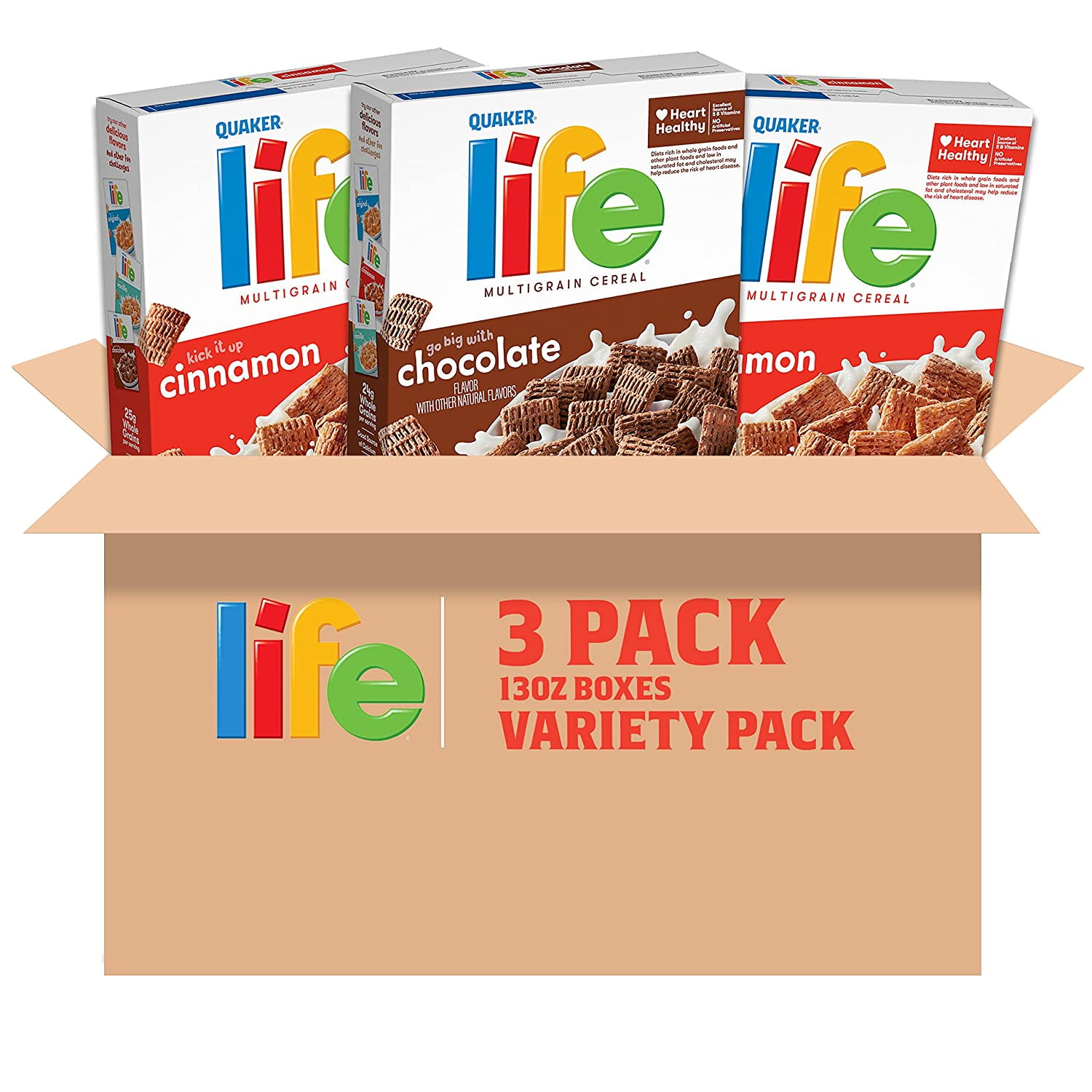 Quaker Life Breakfast Cereal, Chocolate and Cinnamon Variety Pack, 13 oz Boxes, 3 Pack