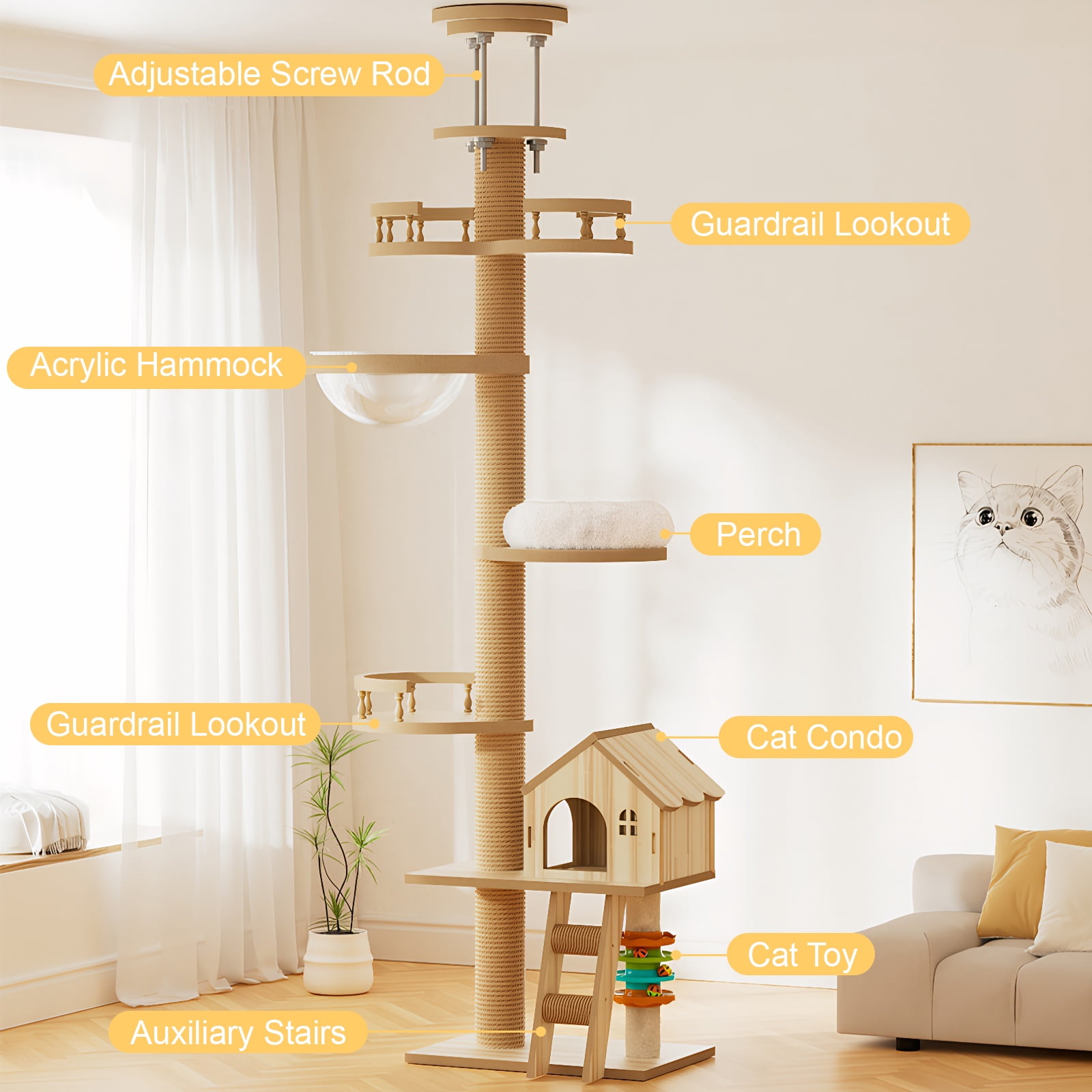 Villeston Floor to Ceiling Cat Tree with Scratching Post, Adjustable Height(98-110 Inch), Large Wood Condo Cave Bed and Hammock, Modern Cat Activity Tree