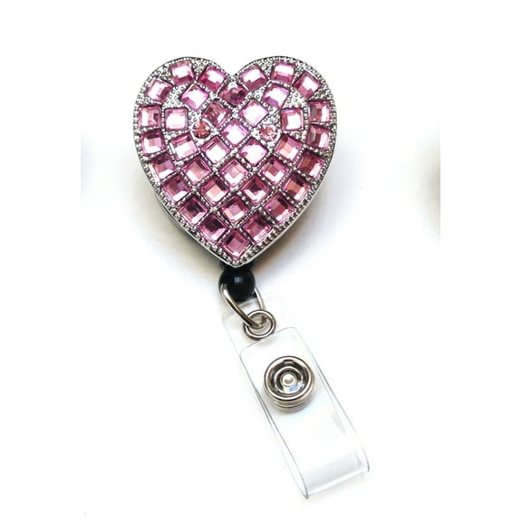 WigsPedia Rhinestone Retractable Badge Reel/ID Badge Holder - Pink Rhinestone Heart