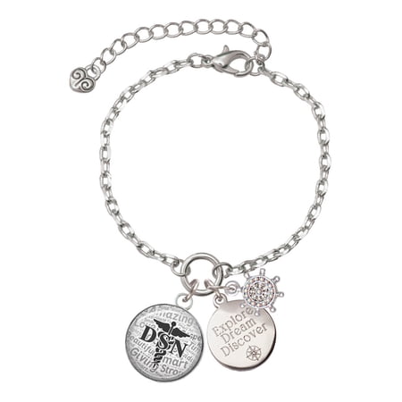 Delight Jewelry Silvertone Domed Black DSN Silvertone Discover Dream Explore Zoey Charm Bracelet, 6.5+2" Extender