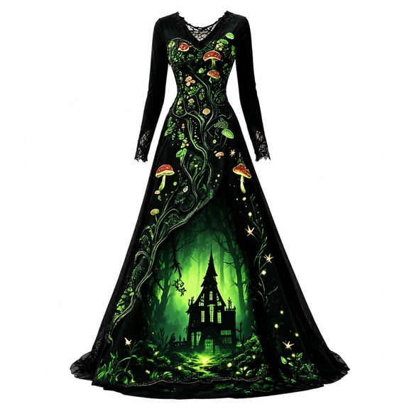 Witch Dress for Women Halloween Long Sleeve Lace V Neck Vintage Gothic Maxi Dress Allover Halloween Print Haunted House A Line Party Dress