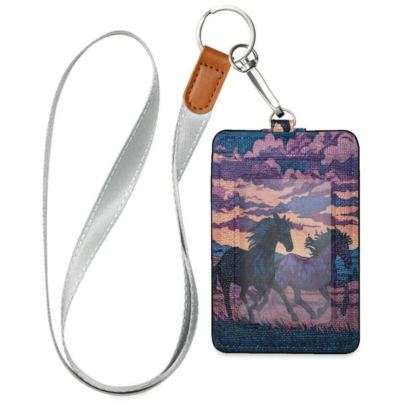 PU Leather ID Badge Holder Stylish Badge Holders with Lanyard (4.3x2.8x0.3in) for Cards & Credentials Wild Horses Running