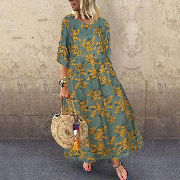 ICHUANYI Clearance Women Plus Size CasualPrinted Round-Neck Loose Knee-Length Dres(Green, XL) ICHUANYI WER2023080907074
