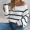 thumbnail image 5 of Annhoo Off the Shoulder Sweaters for Women Fall Winter Loose Long Sleeve Knitted Tops Fashion Stripe Printed Shirts, 5 of 6